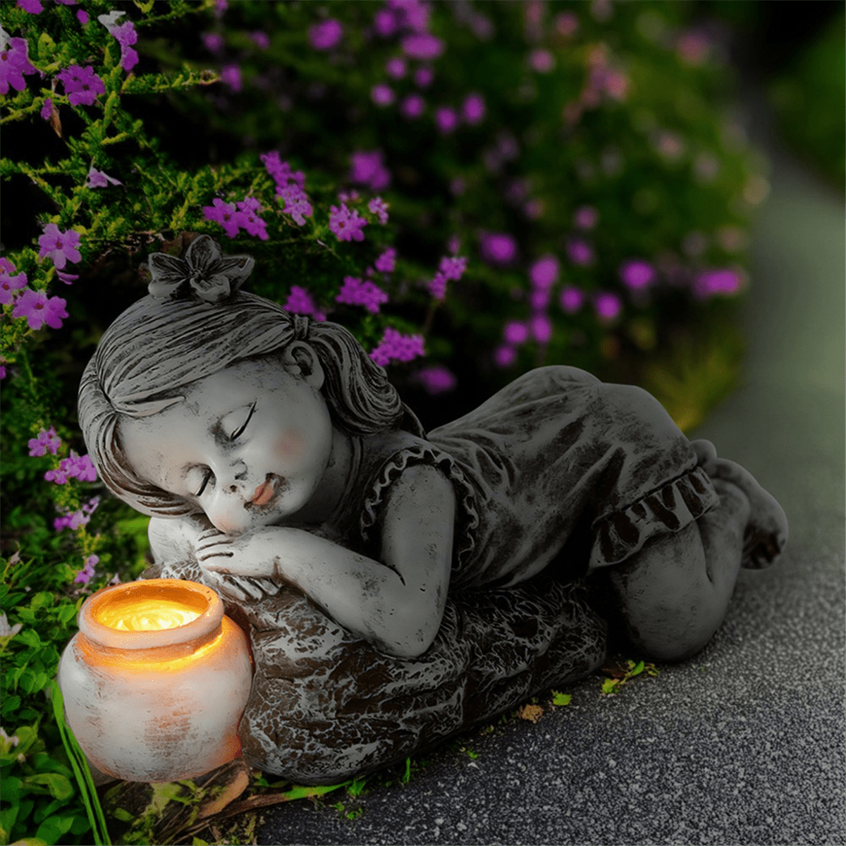 Kid with Solar Lights Garden Decoration Outdoor Statue Resin Jar Boy Flowerbed Yard Sculpture Decor
