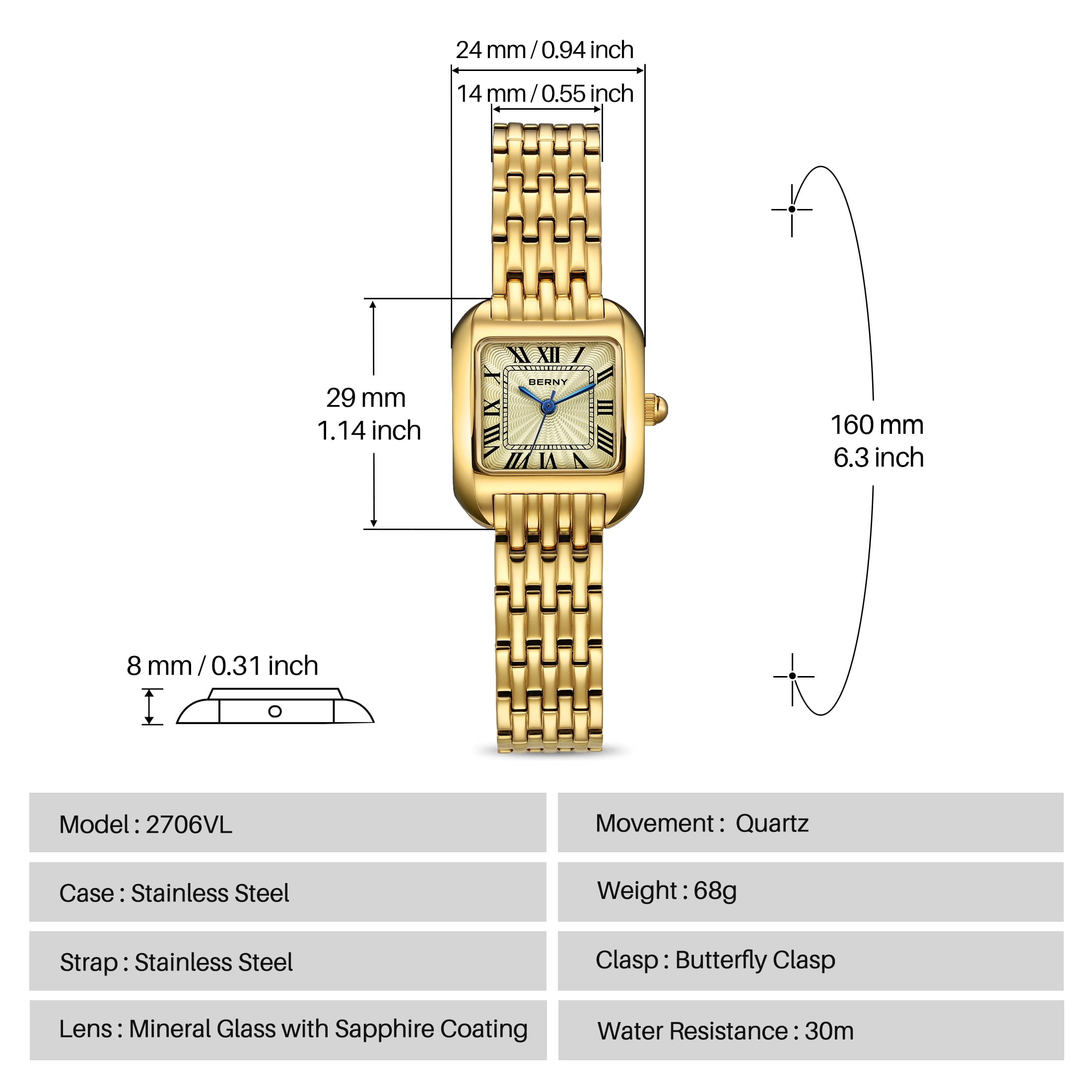 BERNY Gold Watches for Women, Square Dainty Ladies Analog Quartz Watch with Roman Numeral, Stainless Steel Bracelet Watch, Classic Waterproof Women Wristwatch Gift, Gold