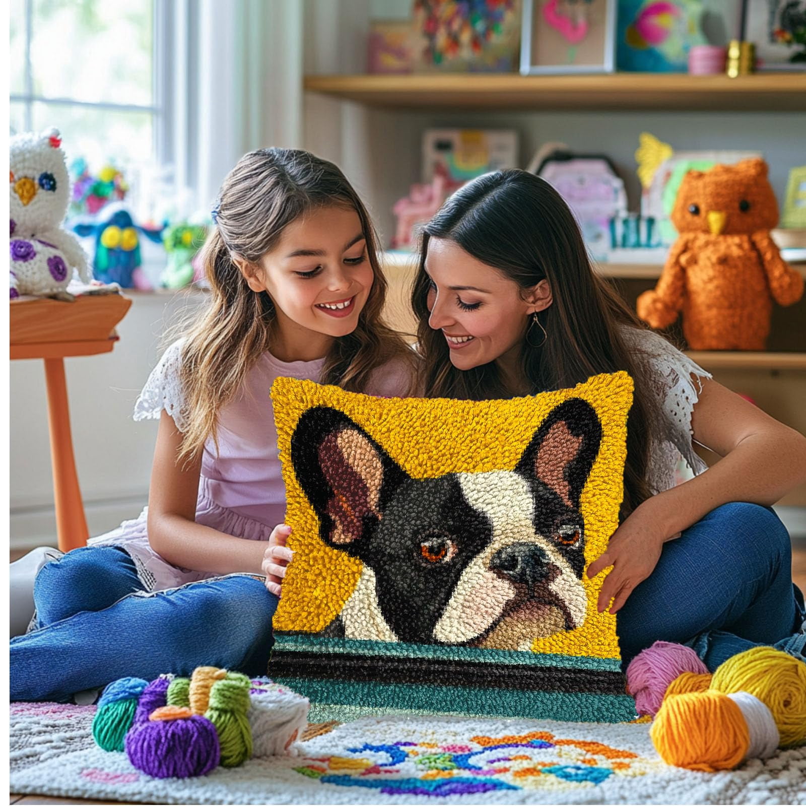 DIY Latch Hook Pillow Kits for Adults Cute Boston Terrier Dog in Car Printed Pillowcase Crochet Yarns Hooking Handmade Pillow Cover Cushion for Home Sofa Decoration 17x17inch(3)