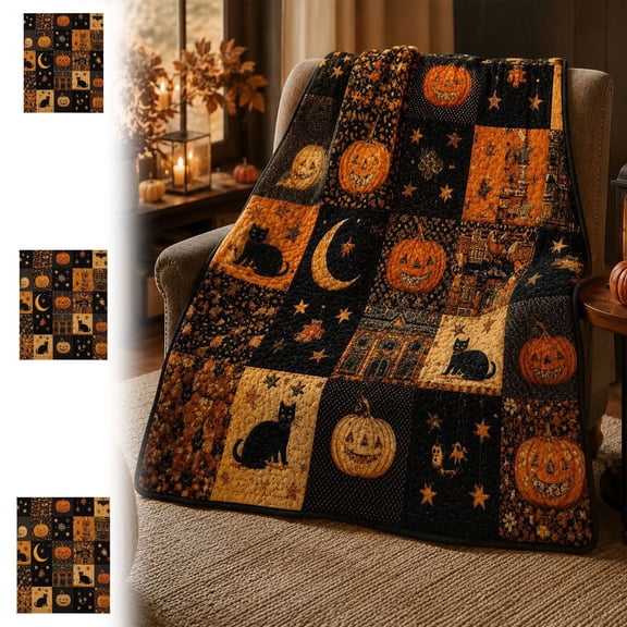 Vintage Halloween Pumpkin Flannel Quilted Throw Blanket, 40*60in, Cozy Festive Home Textile, Decorative Soft Cover, Ideal Ornament for Living Room Sofa Indoor Holiday Atmosphere Layout