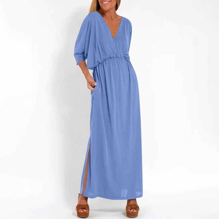 SMihono Womens Summer Loose 3/4 Sleeve Maxi Dress Casual High Waist Split V  Neck Formal Evening Party Long Dress with Pockets Light Blue XXL -  Walmart.com