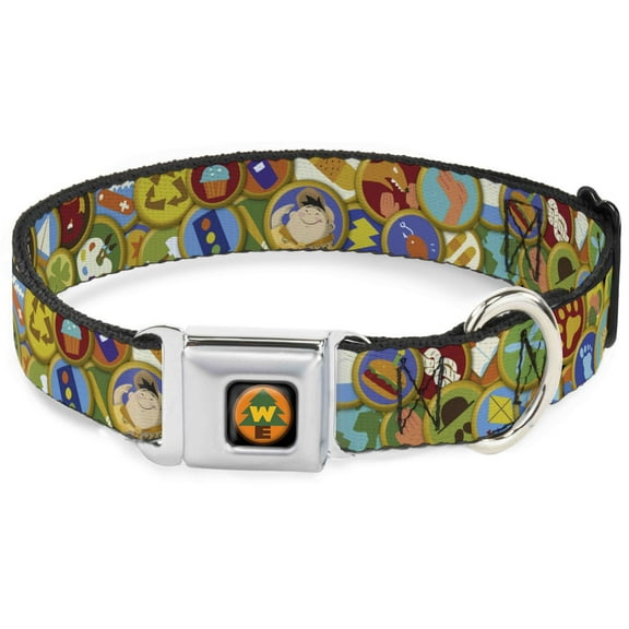 Disney Pet Collar, Dog Collar Metal Seatbelt Buckle, Stacked Wilderness Explorers Badges, 13 to 17 Inches 1.5 Inch Wide