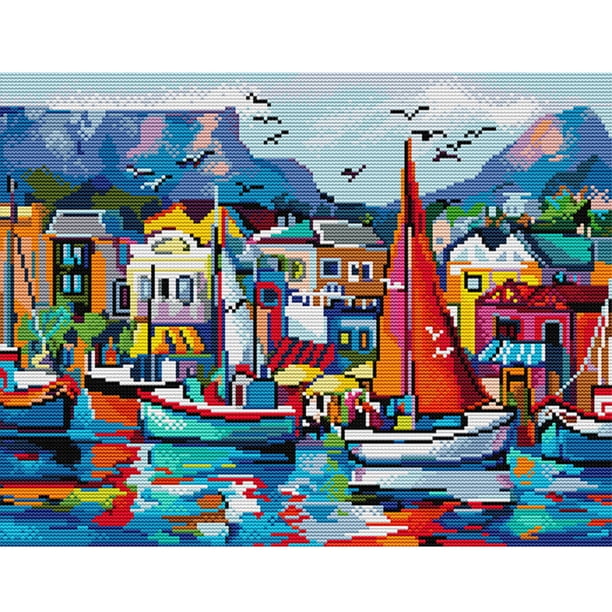 Hilo Algodón Ecológico Bordado 14CT 2 Hebras Impresión 40*32cm Kit Serie Paisaje Punto Cruz Junto Al Mar JShteea