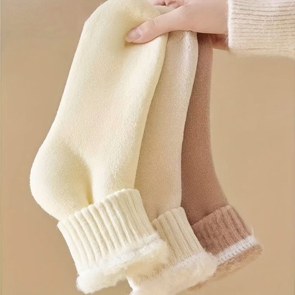 3 Pairs Women' Winter Thermal Socks - Thick Plush Lining Warm Snow Suitable for Weather, Soft Machine Washable Polyester Sole Socks Outdoor Use