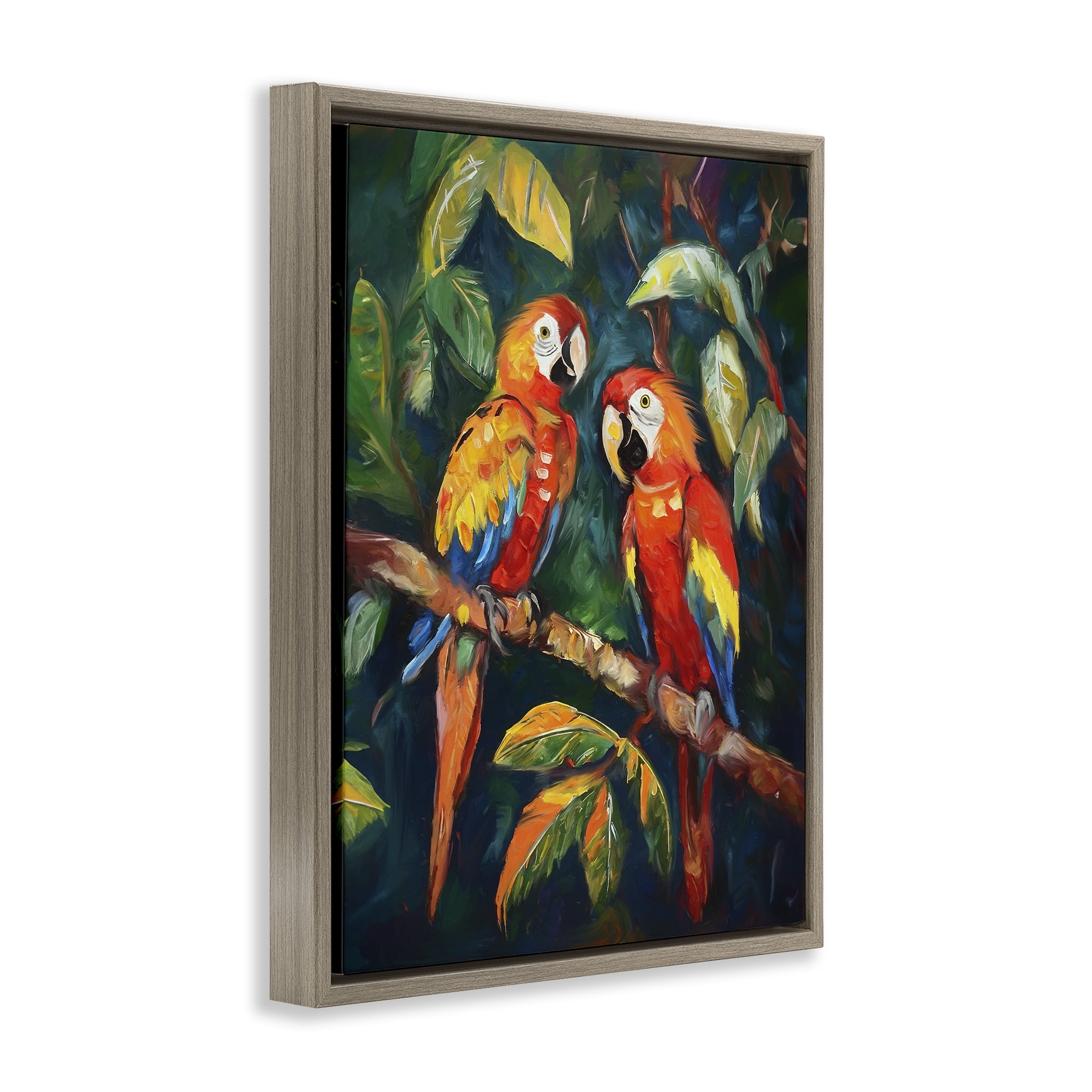 Stupell Industries Parrot Pair on Branch Animals & Insects Painting Brown Floater Framed Canvas Art Print Wall Art, 17 x 21