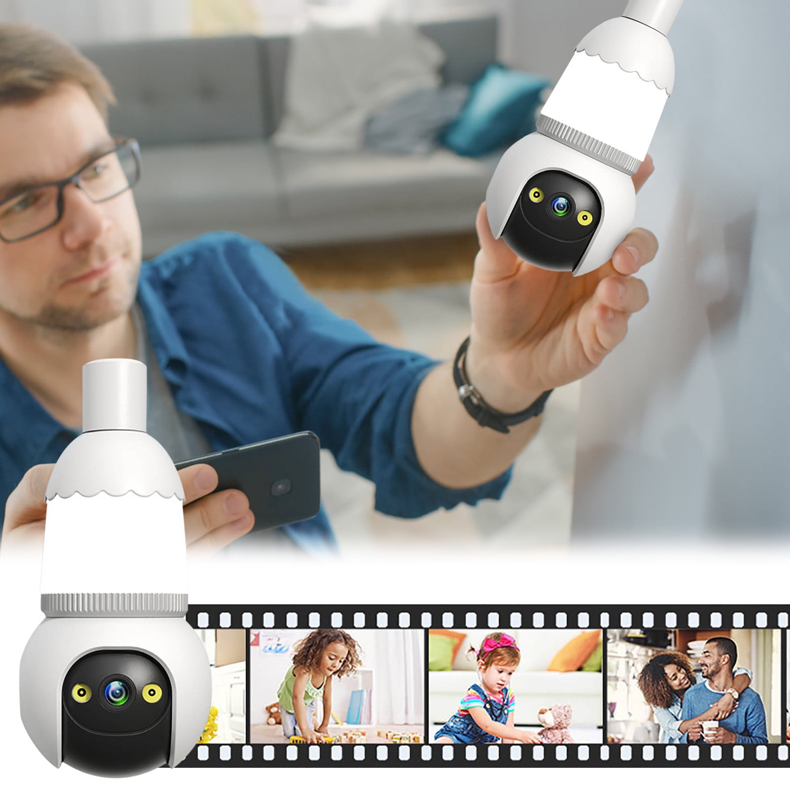 Wifi Light Bulb Security Camera, 2K, Pan-Tilt 360° View, Motion Tracking, Color Night Vision, Two-Way Audio, Easy Setup for Indoor Outdoor Home Surveillance