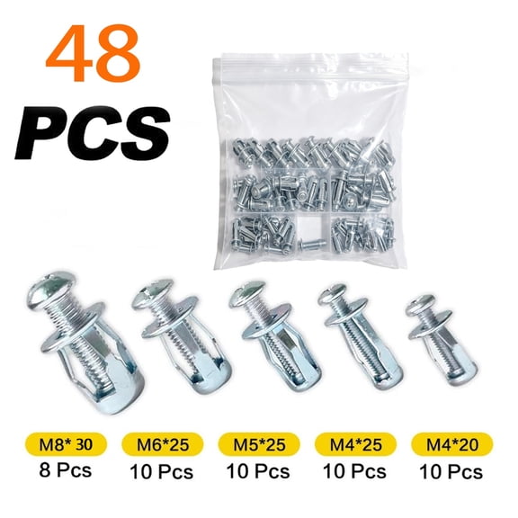 Button Rivet Locking Nuts Set, 48pcs Petal Expansion Rivet Nut Kit with 5 Sizes, Carbon Steel Threaded Inserts for DIY Repair