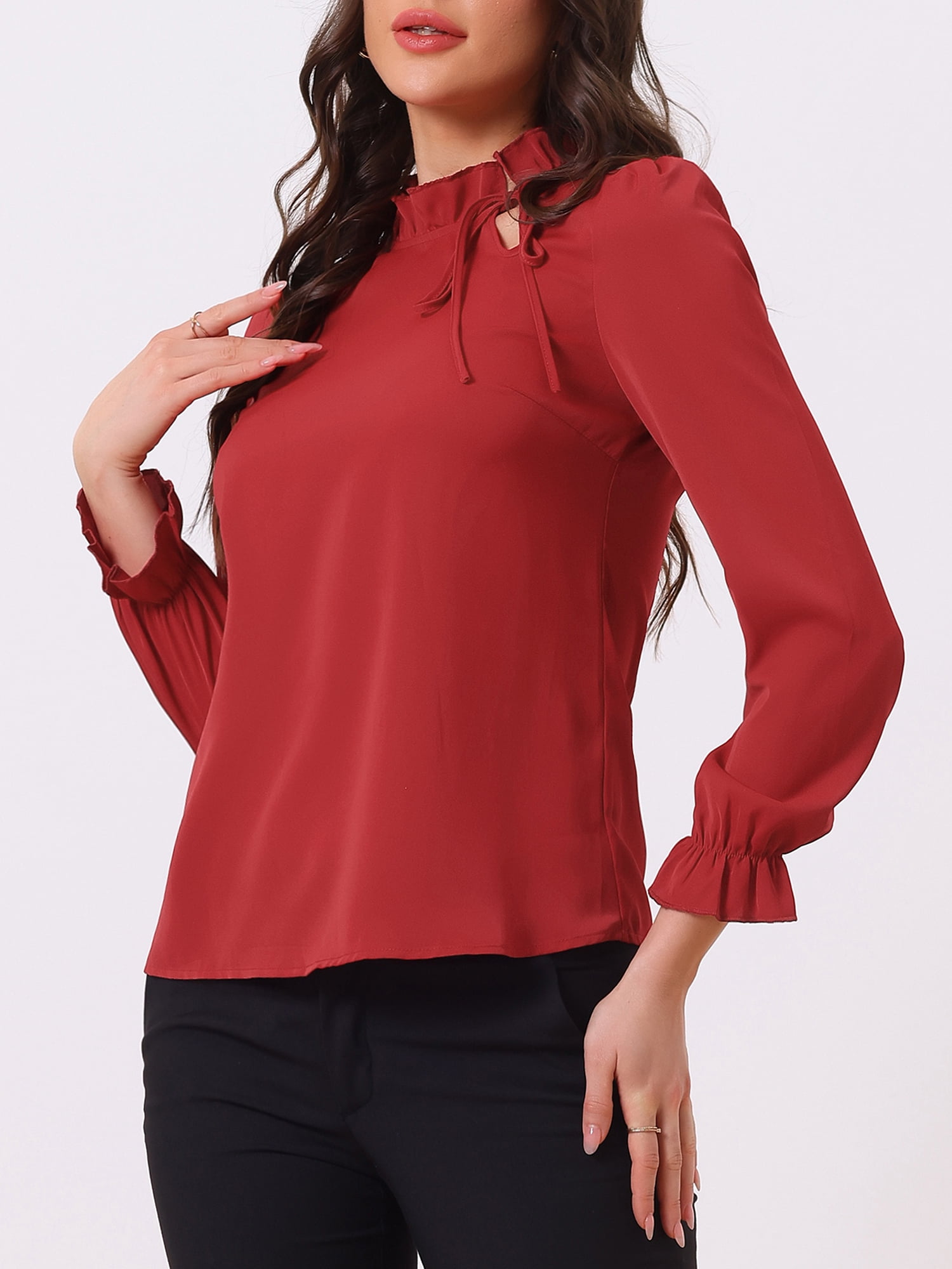 DARING DIVA Women's Spring Blouse Long Sleeve Ruffle Tie Neck Business Top M Dark Red