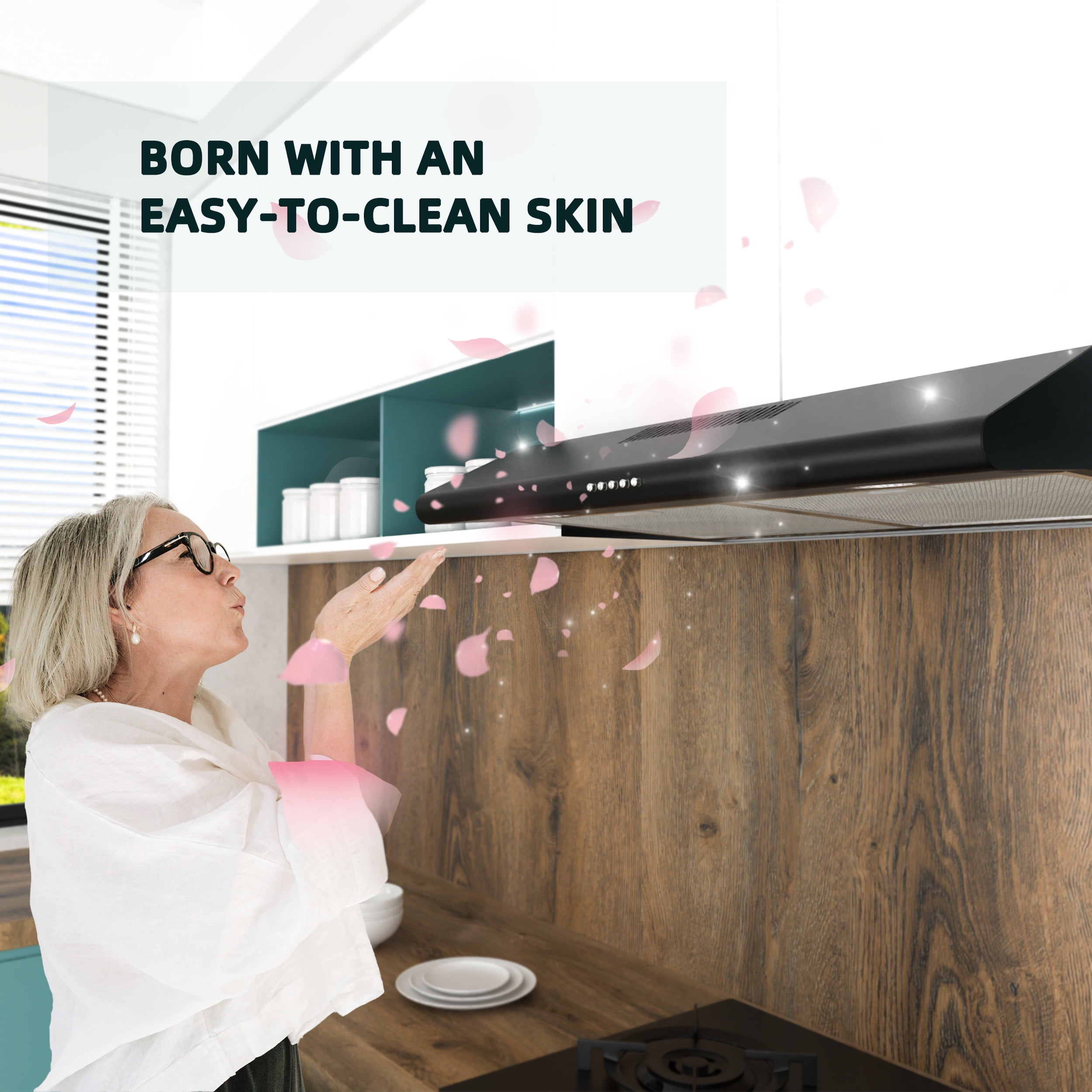 FIREGAS Black Under Cabinet Range Hood 30 inch, Slim Kitchen Over Stove Vent, LED Light, 3 Speed Exhaust Fan, Push Button,Stainless Steel 30 inch Range Hood,with Charcoal Filter