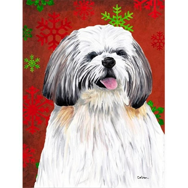 11 x 15 Po. Shih Tzu Flocons de Neige Rouges et Verts Drapeau de Jardin de Noël