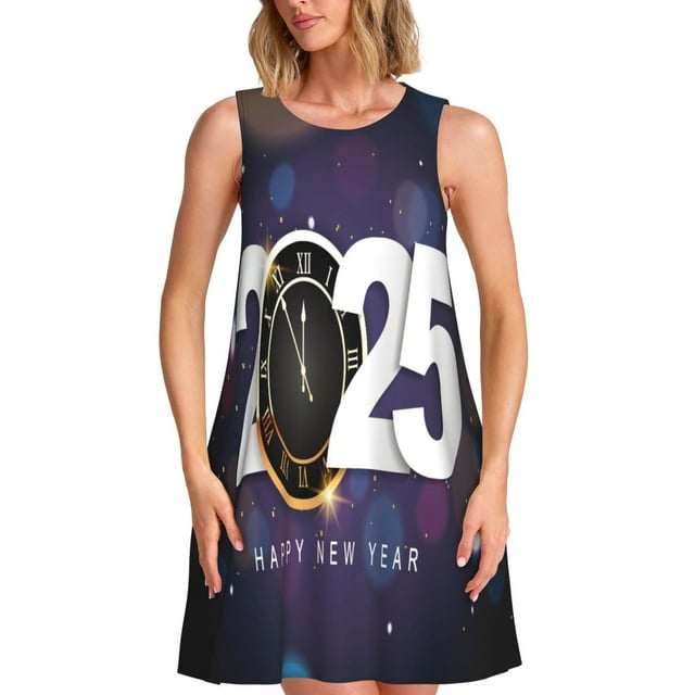 Vsdgher 2025 Bonne Année 4 Robes d'Été Imprimées pour Femmes Robe de Plage Décontractée Sans Manches avec Poche