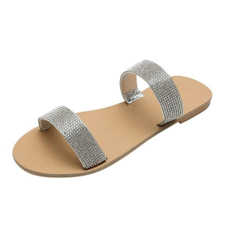 

BELLZELY Womens Shoes Sandals Clearance Women Rhinestone Flat Open Toe Slippers Shoes Comfy Sandals Casual Comfortable Beach Sandals