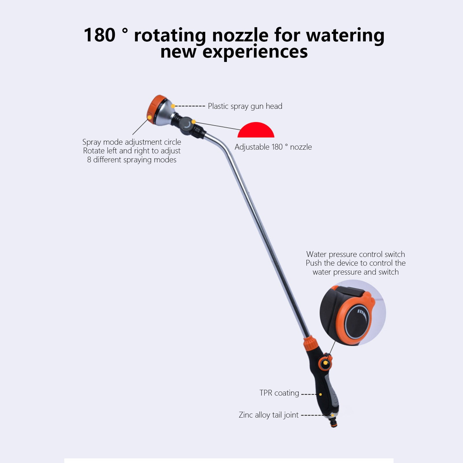 Garden Watering Wand 30 Inch 8 Spray Patterns, Alloy Hose Nozzle Thumb Control Sprayer, 180 Degree Adjustable Shower Mist Jet, Hanging Basket Shrub Car Wash Cleaning Tool