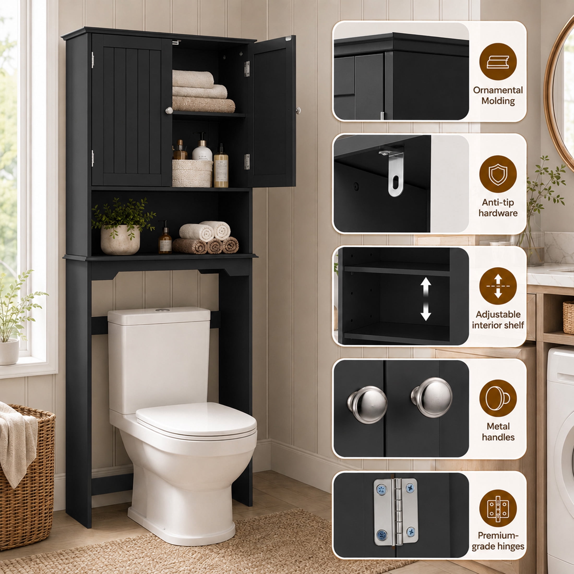edx Wooden Over-the-Toilet Storage Rack, Bathroom Organizer Shelf for Toilet & Towels, Freestanding Toilet Shelf,Black