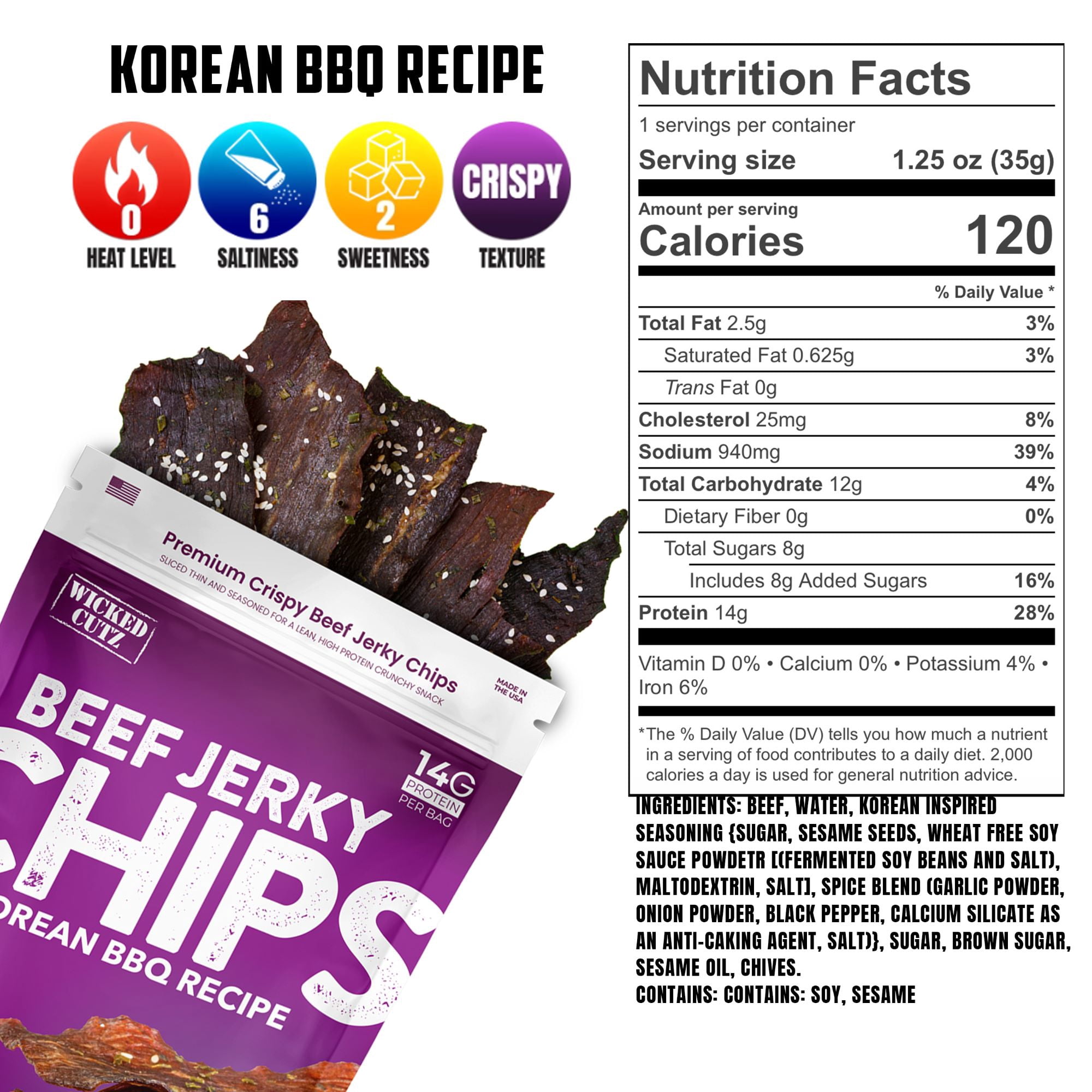 Wicked Cutz Premium Beef Jerky Crispy Chips, Korean BBQ Recipe, 28g Protein, 1.25 oz, 2-Pack