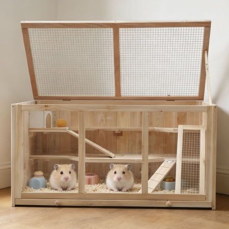 CQSXDA Large Wooden Hamster Cage with Acrylic Windows Multi-Level Habitat, Deep Tray, for Syrian Dwarf Hamsters and Guinea Pigs