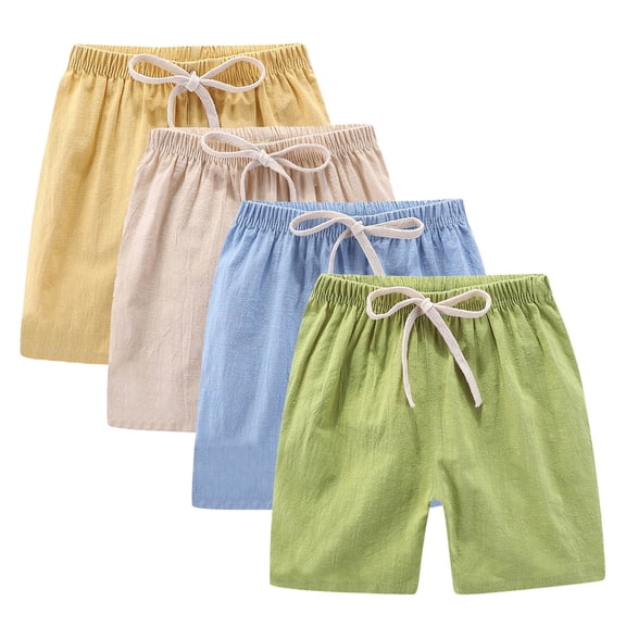 ZACPNCV 4PC Girls Bermuda Shorts Knee Length Summer Casual Cotton Linen Shorts Lightweight Elastic Waist Drawstring Short Pants Yellow 4-5 Years