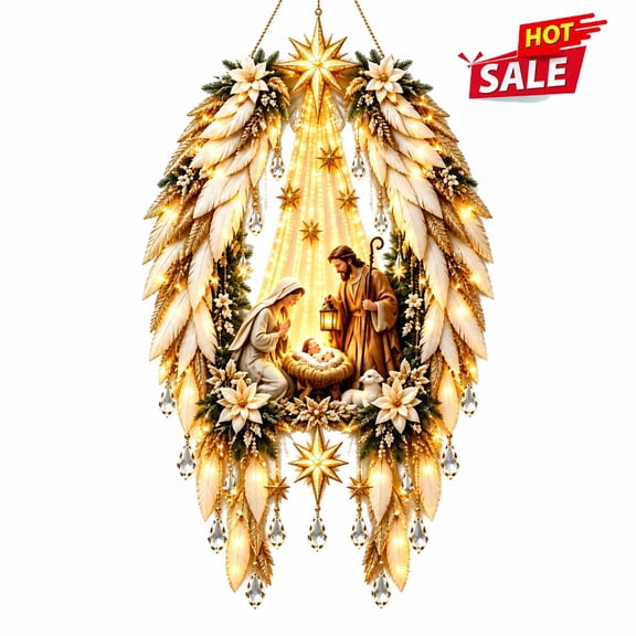 Clearance!Heavenly Angel Wings Nativity Light,Christmas Nativity Manger Lighted Wall Decor, Acrylic Holy Family Hanging Sign with Warm Lights, Religious Xmas Indoor Wall Home Decorations