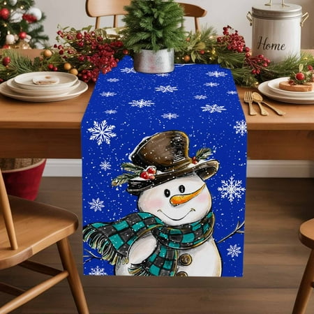 Table Runner 90 Inch Long - Cute Snowman Snowflakes on BlueDecorative Table Scarf,Winter Falling Snow SeamlessDining Table Runners for Wedding Party Kitchen Dining Tables