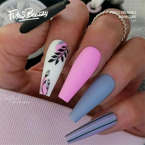 Fofosbeauty 24pcs Press on False Nails Tips, Coffin Fake Nails, Coffin Matte Stripes Leaf