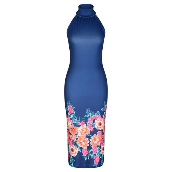 Bodycon Dresses for Women Sexy Halter Neck Sleeveless Party Dress Wrap Hip Dress Long Vintage Floral Print Sundress