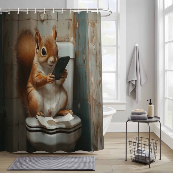 Funny Animal Fabric Shower Curtain for Bathroom Waterproof Polyester Bath Curtain with 12 Hooks Squirrel Sitting on Toilet Washable Shower Curtain with Grommets 54"x78"
