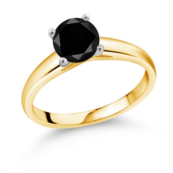 Gem Stone King 1.10 Cttw Round Black Diamond 10K Yellow and White Gold Ring Ring for Women | Gemstone Birthstone | Round 6.5MM (Size 5)