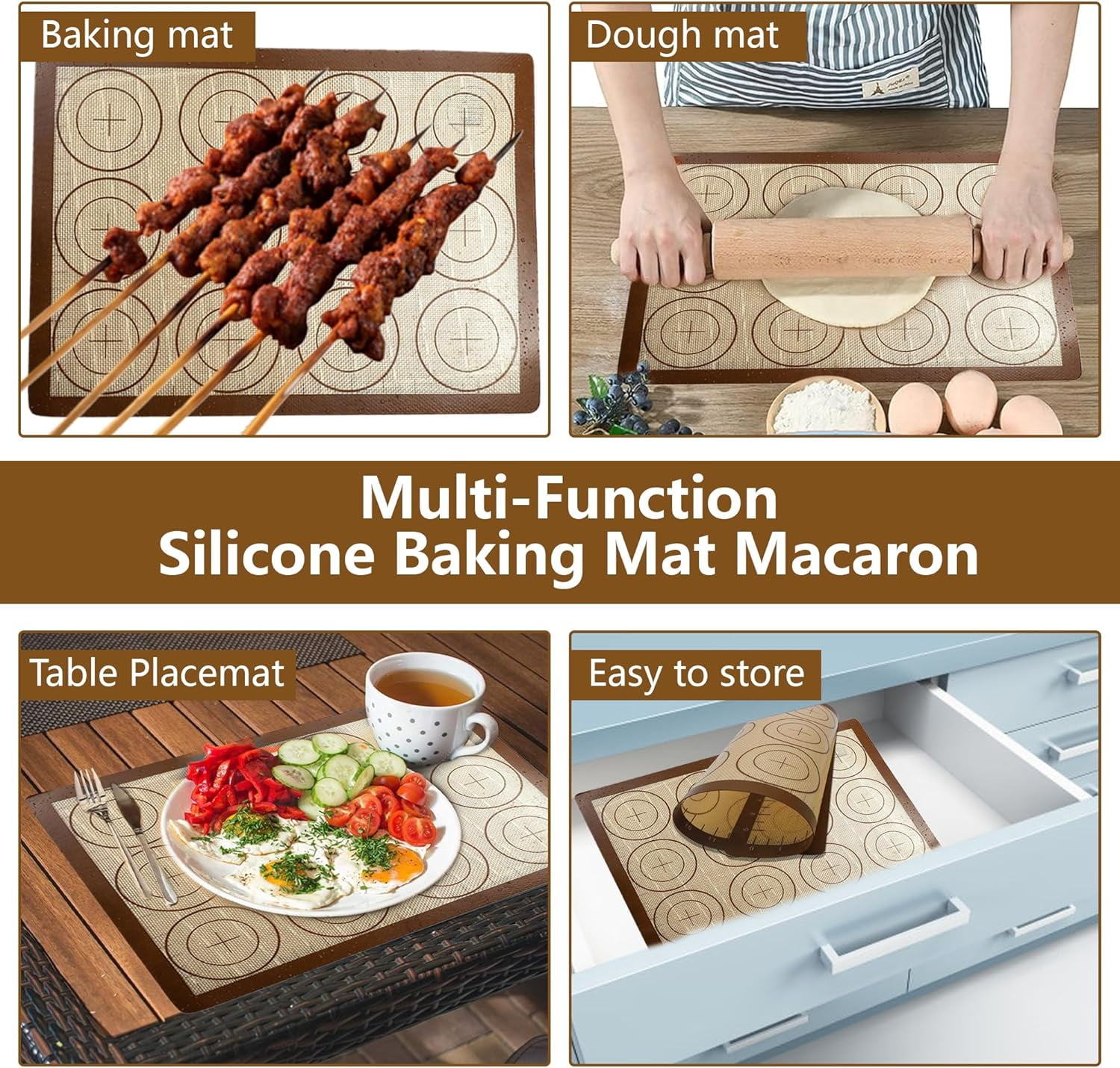 Macaron Silicone Baking Mats Set: 3 Pack Non-Stick Silicone Baking Mat - Heat Resistant, Reusable Baking Sheet Cookie Oven Liner for Macaroons, Bake Pans, Pizza, Toaster (Brown+Green+Pink)