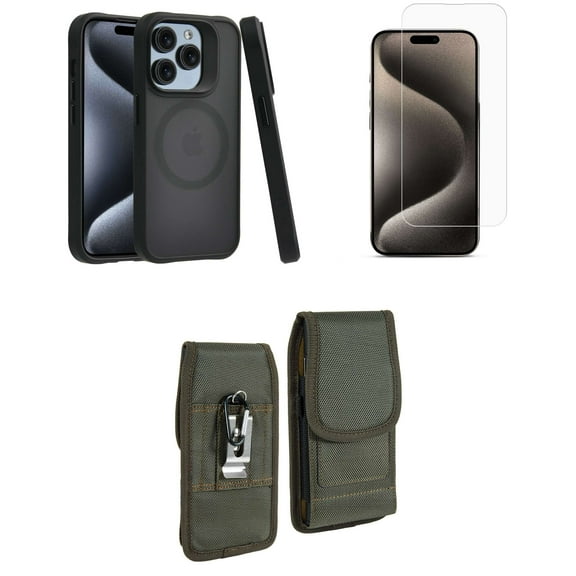 Bemz Phone Case for iPhone 15 Pro with Shockproof Protective Wireless Charging Ring Cover, Screen Protector, Vertical Rugged Nylon Belt Holster Clip Pouch (Smoke Black)