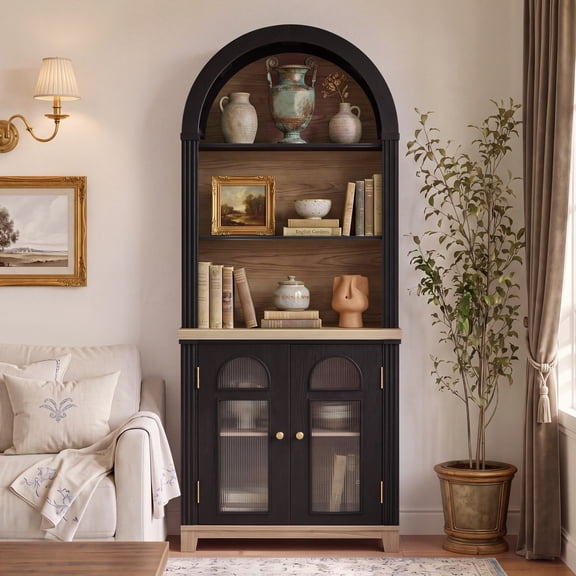 Dolonm 75.28" Tall Anti-Tip Arched Storage Cabinet, Farmhouse Pantry Cabinet with Acrylic Arch Doors & 5 Shelves, Fluted Bookcase for Bedroom, Dining Room, Living Room, Black