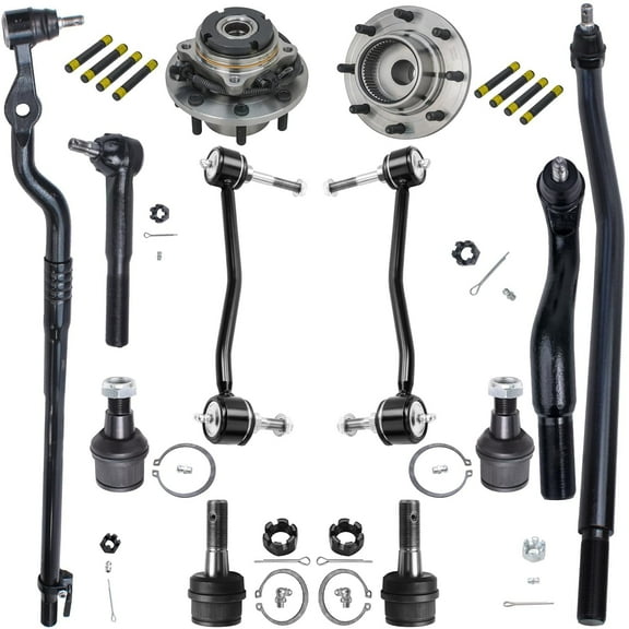 Detroit Axle - Front 12pc Suspension Kit for 4WD 00-04 Ford F-250 F-350 Super Duty, 2 Wheel Bearing Hubs 4 Ball Joints 4 Tie Rods 2 Sway Bars 2000 2001 2002 2003 2004 Replacement