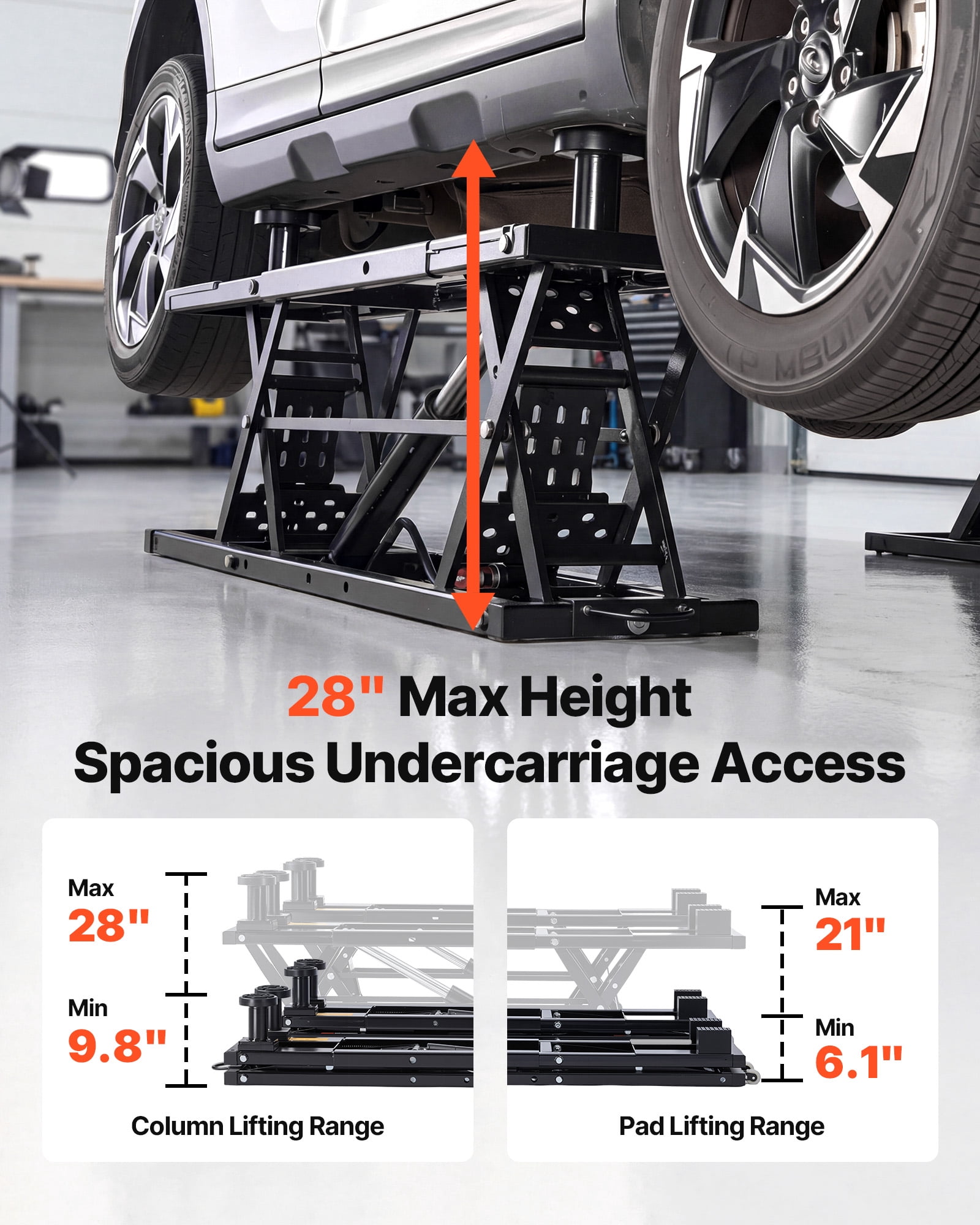VEVOR Portable Car Lift, 9000 lbs Capacity, Heavy Duty Steel Truck Lift with 28" Max Height, 120V Power Unit, Wheels, 4 Rubber Pads & 4 Lifting Columns for Cars, SUVs, Trucks, Home Garage or Shop Use