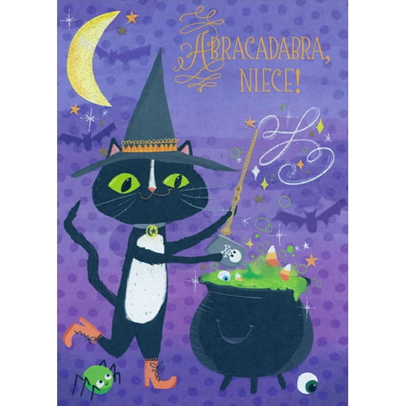 Designer Greetings Black Cat Mixing Potion in Cauldron Juvenile Halloween Card for Niece