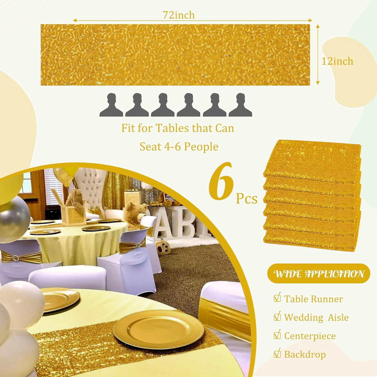 6 Pack Gold Sequin Table Runners 12" x 72" Sparkle Sequin Table Cloths for Wedding Party Banquet Bridal Shower Decorations