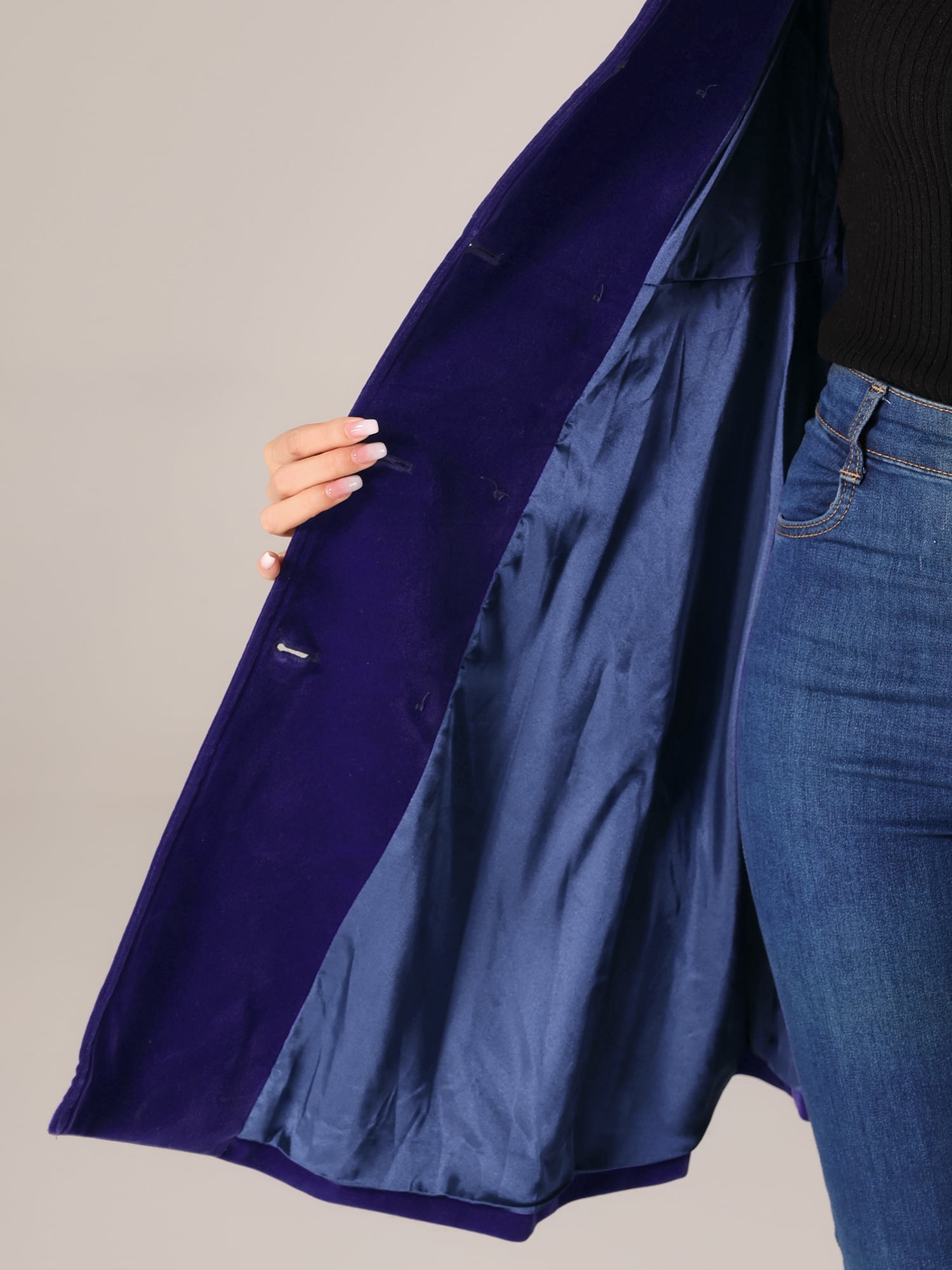 DARING DIVA Velvet A-Line Stand Collar Double Breasted Trench Coats S Dark Blue