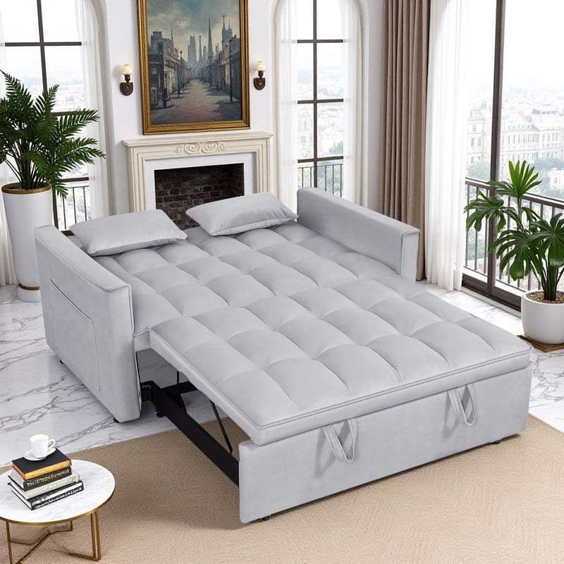 Gewnee 54" Velvet Upholstered Pull Out Sleeper Loveseat for Home,Office,Guest Room.Silver Grey