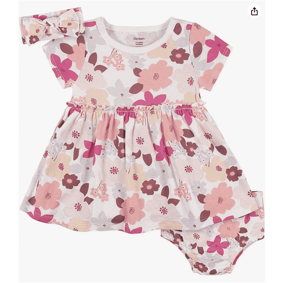 Gerber 3-Piece Baby & Toddler Girls Cherry Blossom Dress, Diaper Cover & Headband Set  SIZE -2T