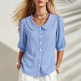 thumbnail image 6 of Women's Striped Shirt with Pan Collar, 3/4 Puff Sleeve Button Down Casual Blouse, 6 of 8