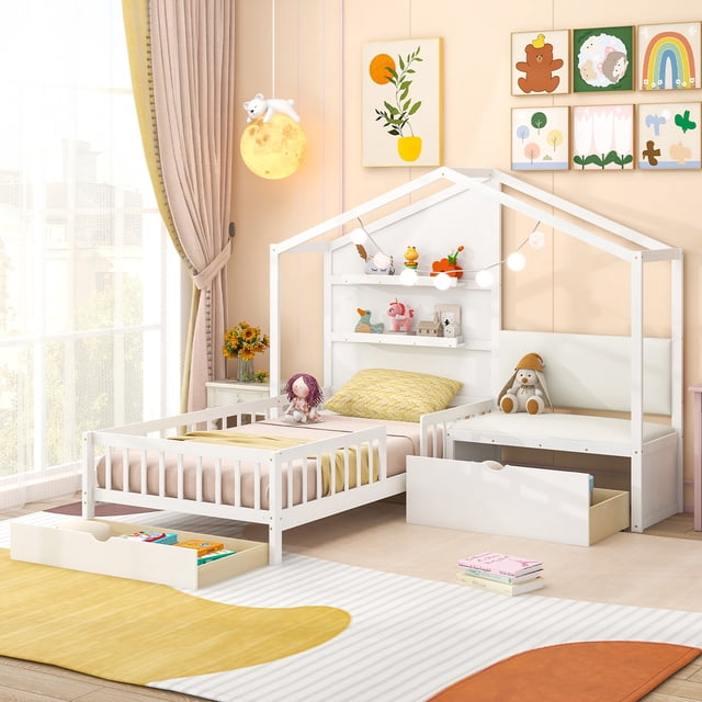 Gymax Lit Cabane Format Simple Lit Plateforme pour Enfants avec Banc Rembourré et Tablettes Flottantes