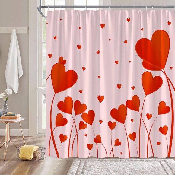 Rideau de Douche de la Saint-Valentin Cœur Rouge Floral Abstrait Rose Romantique Doux Amour pour Amoureux Couple Déco de Salle de Bain Créative Rideau en Tissu avec Crochets