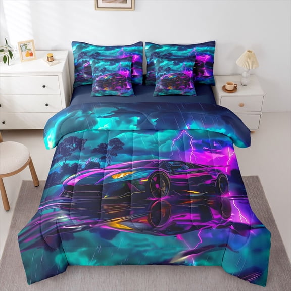 Manfei Speed Car 7-Piece Twin Bedding,Stormy Sky Bedding Comforter Set,Purple,Navy Blue Reversible