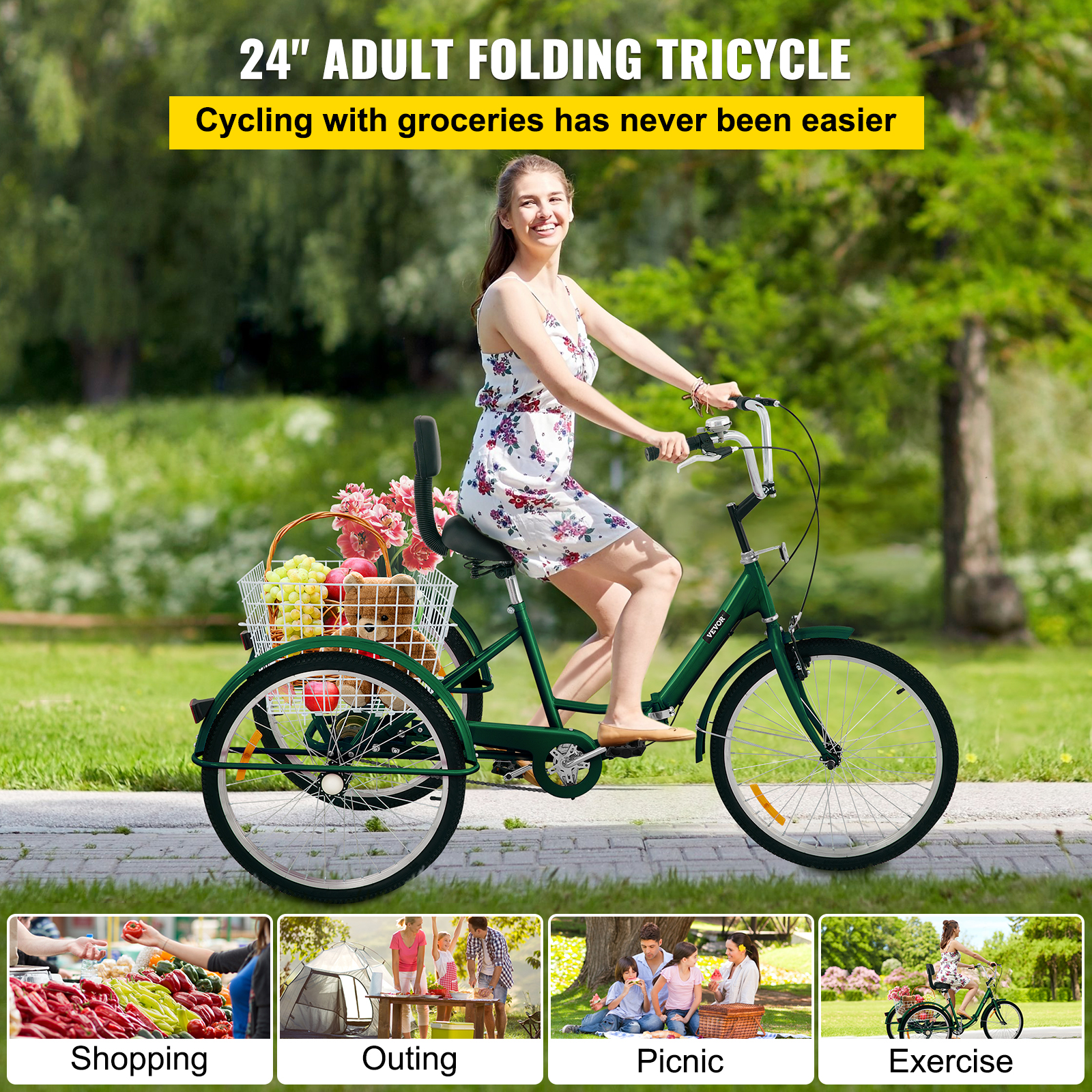 VEVOR Foldable Tricycle 24" Wheels, 1-Speed Trike,3 Wheels Colorful Bike with Basket,Portable and Foldable Bicycle for Adults Exercise Shopping Picnic Outdoor Activities - image 2 of 9