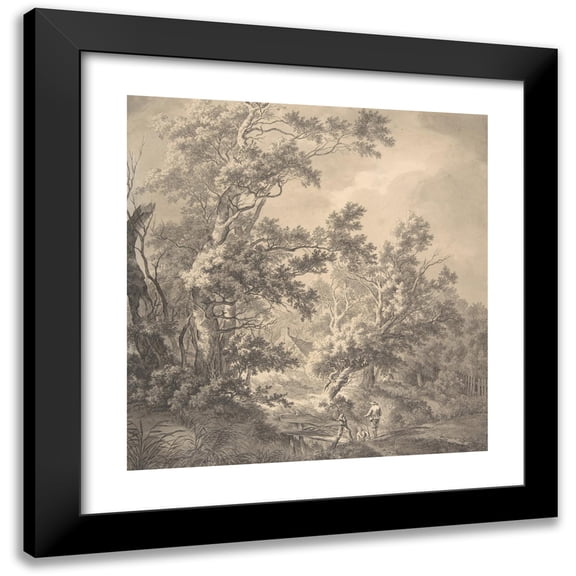 Franciscus Andreas Milatz 12x12 Black Modern Framed Museum Art Print Titled - Landscape with a House Hidden Between Trees and Two Men Near a Small Bridge (Late 18th-Early 19th Century)