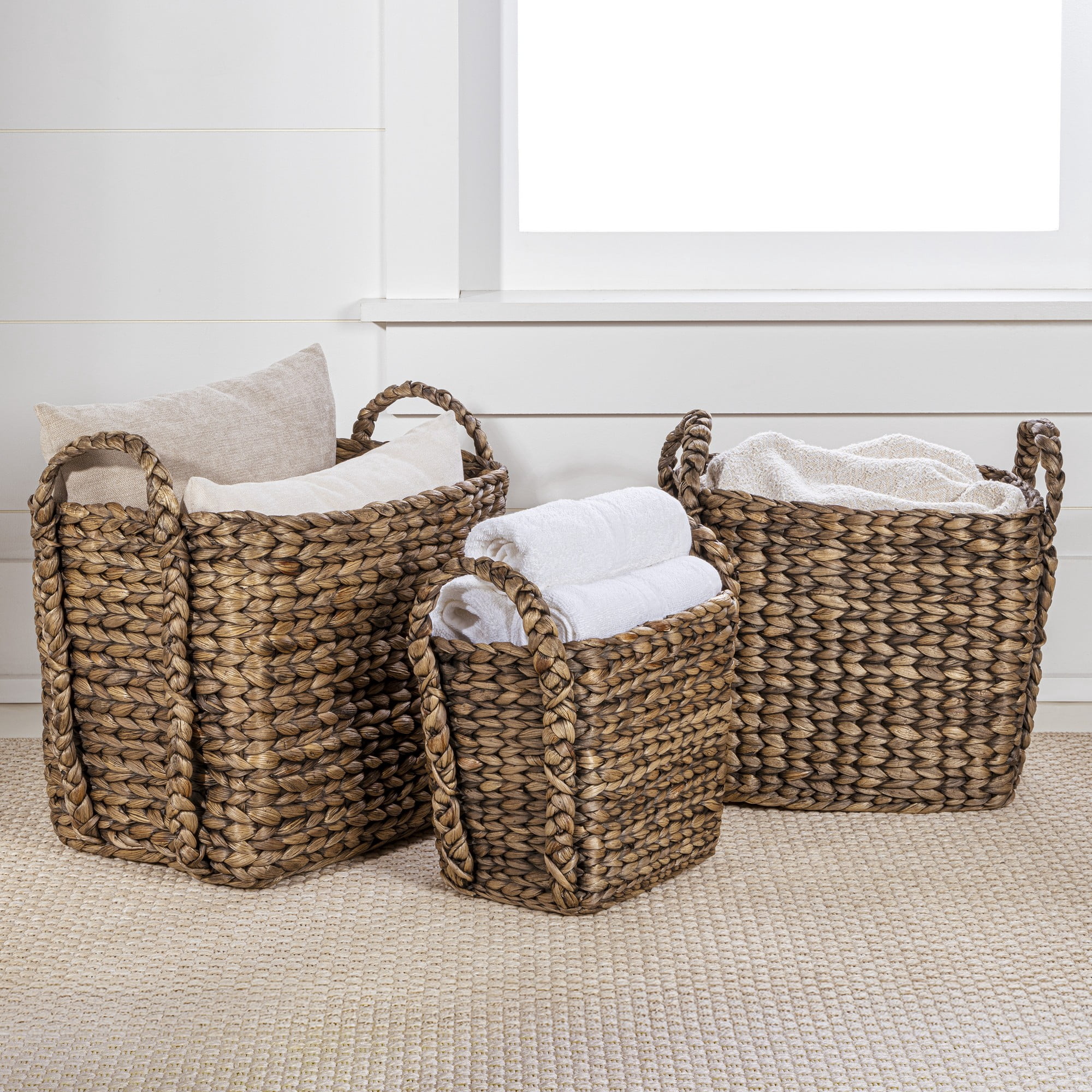 happimess BSK2001B-3SET Clara Farmhouse Classic Handwoven Hyacinth Rectangle Storage Floor Baskets with Handles, Brown (Set of 3)