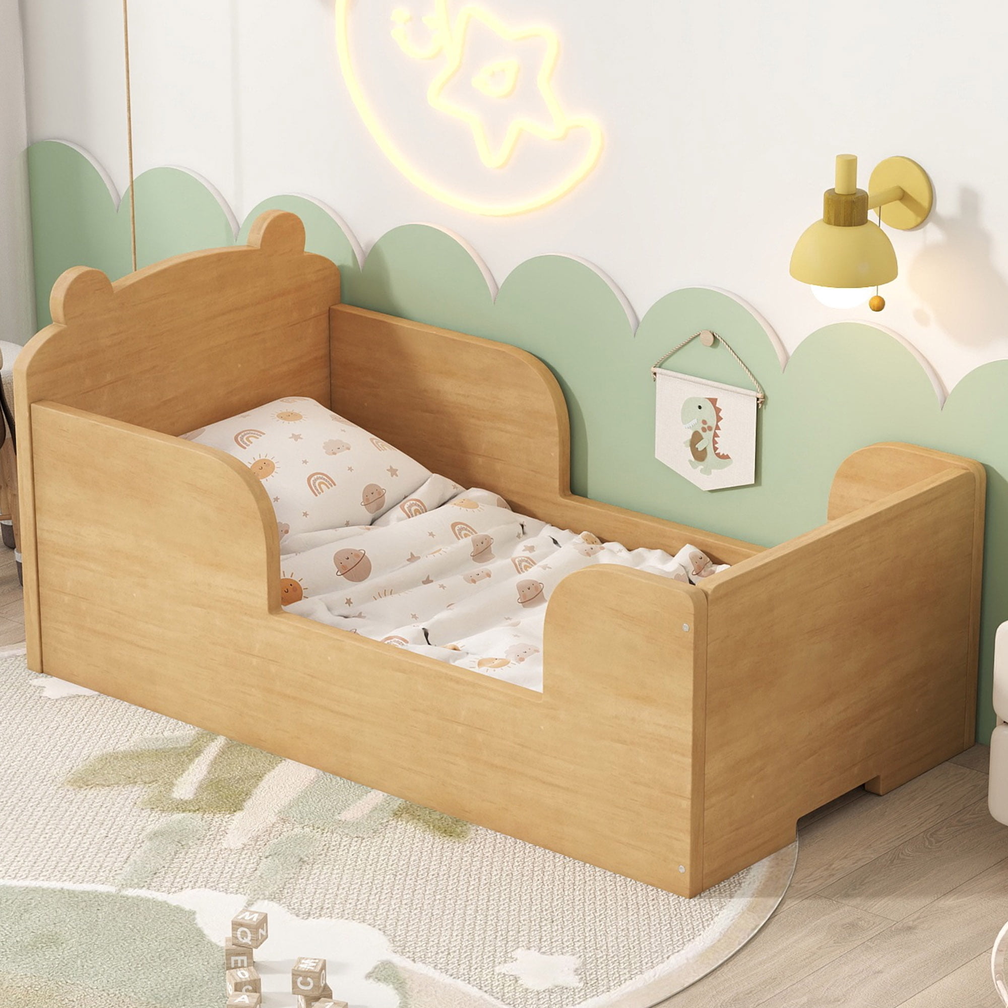 Aukfa Toddler Bed, Floor Bed Frame with Safely Rail and Bear Shape Headbroad for Kids Ages 2-6, Natural