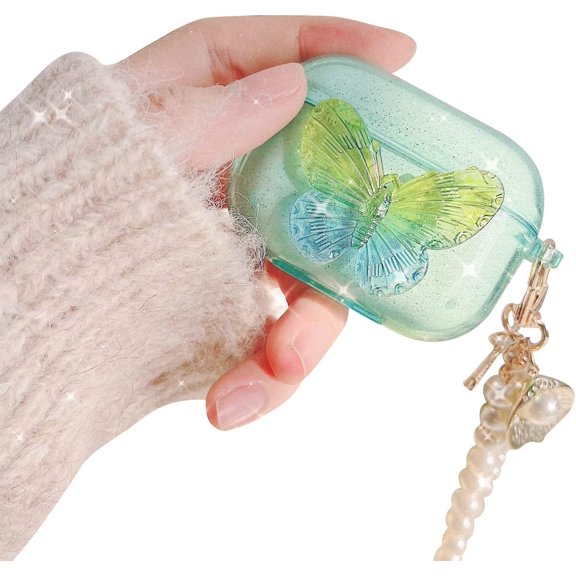 Compatible with AirPods Pro Case with Girls Cute Clear Glitter Butterfly Design Smooth Soft TPU Cover Case for Airpods Pro,Cute for Airpods Pro-Butterfly Green