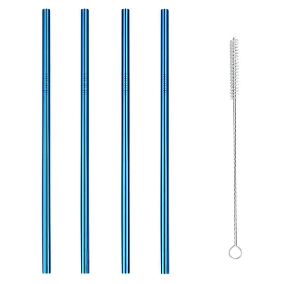 4 Pack Reusable Stainless Steel Straws with Case & 1 Brushes, Straight Reusable Drinking Straws, Metal Stainless Steel Eco-Friendly 10.5In, with 1 Cleaning Brush (Blue)