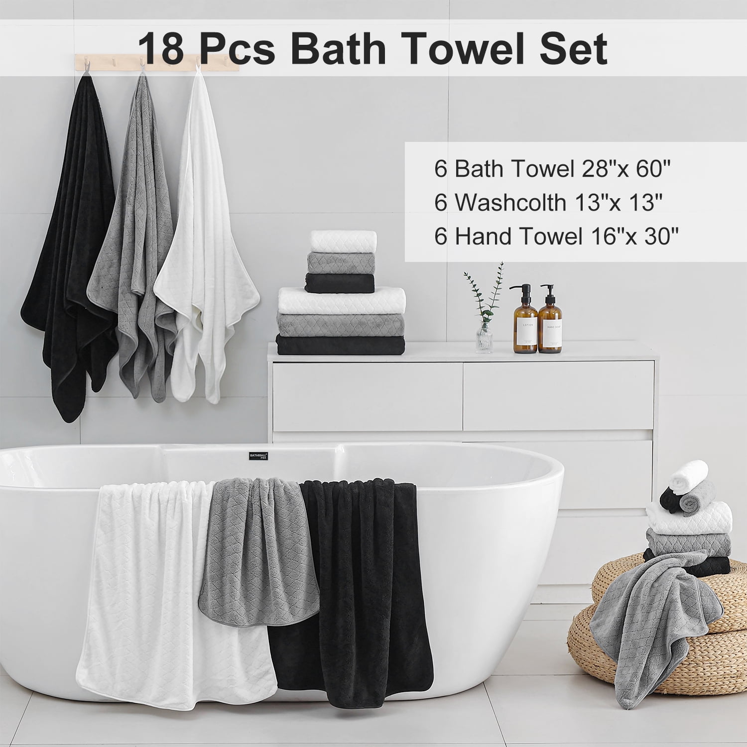 Smuge 18 Pcs Bath Towel Sets, Include 6 Bath Sheet Towels, 6 Hand Towels, 6 Washcloths, Soft Microfiber Highly Absorbent Shower Towel for Bathroom Gym Spa(Dark Gray)