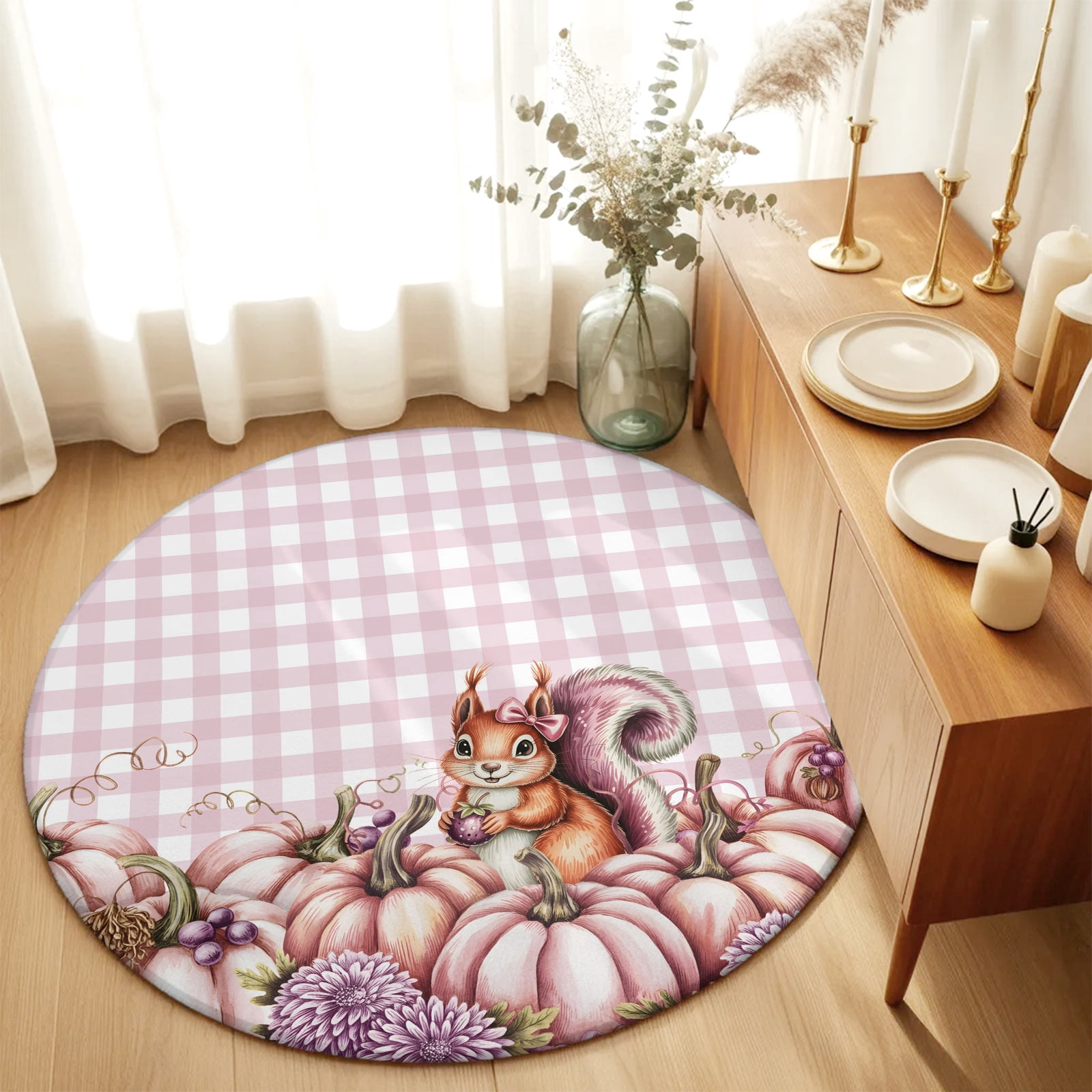 Pink Pumpkin Squirrel Round Living Room Rugs 6 ft, Fruit Flower
