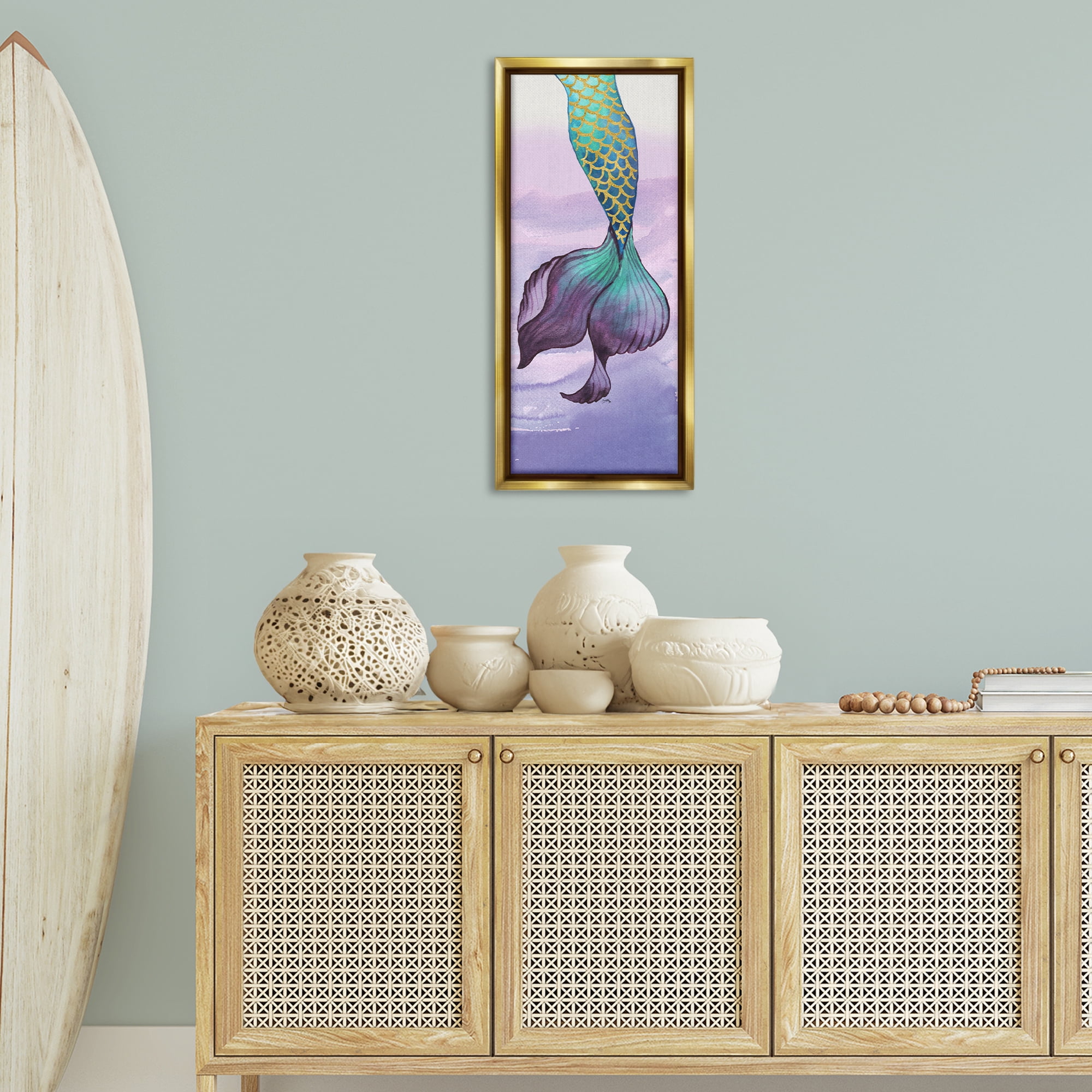 Stupell Industries Glam Accent Mermaid Tail Fairy Tales & Fantasy Painting Gold Floater Framed Art Print Wall Art, 15 x 31